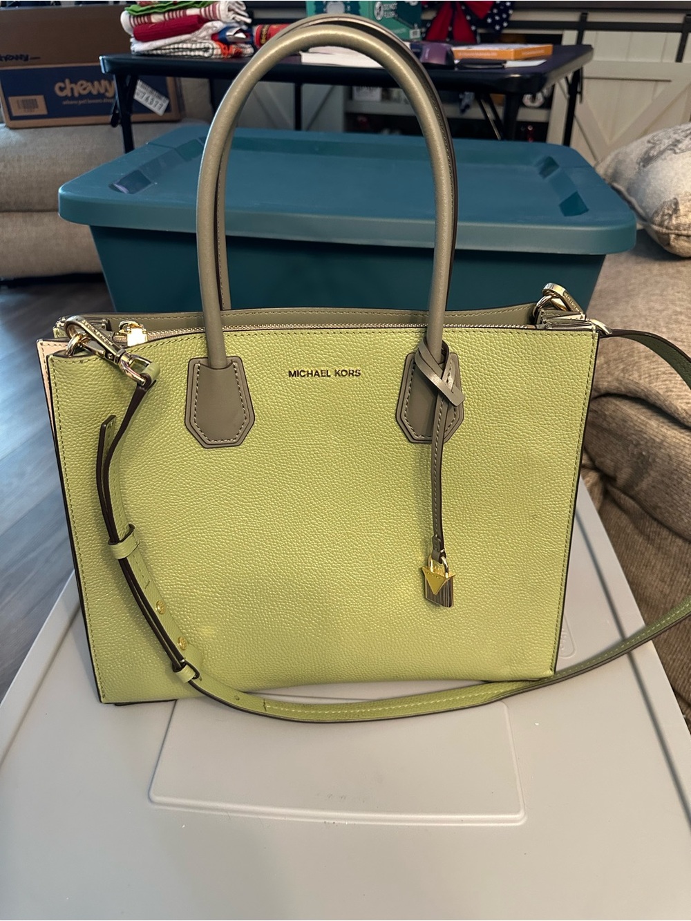 Michael Kors Lime Green and Taupe Leather Satchel